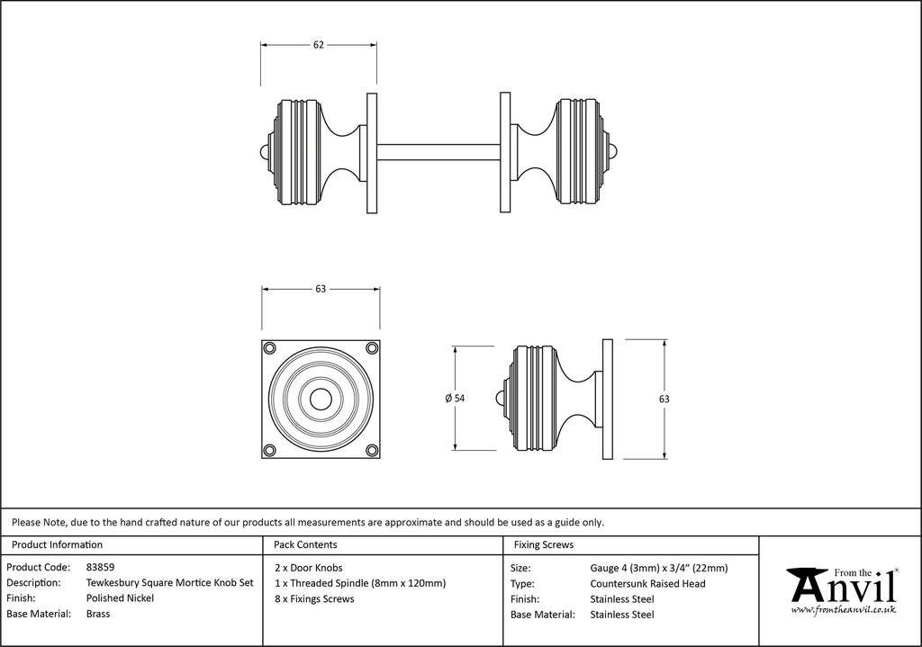 Polished Nickel Tewkesbury Square Mortice Knob Set - 83859 - Technical Drawing