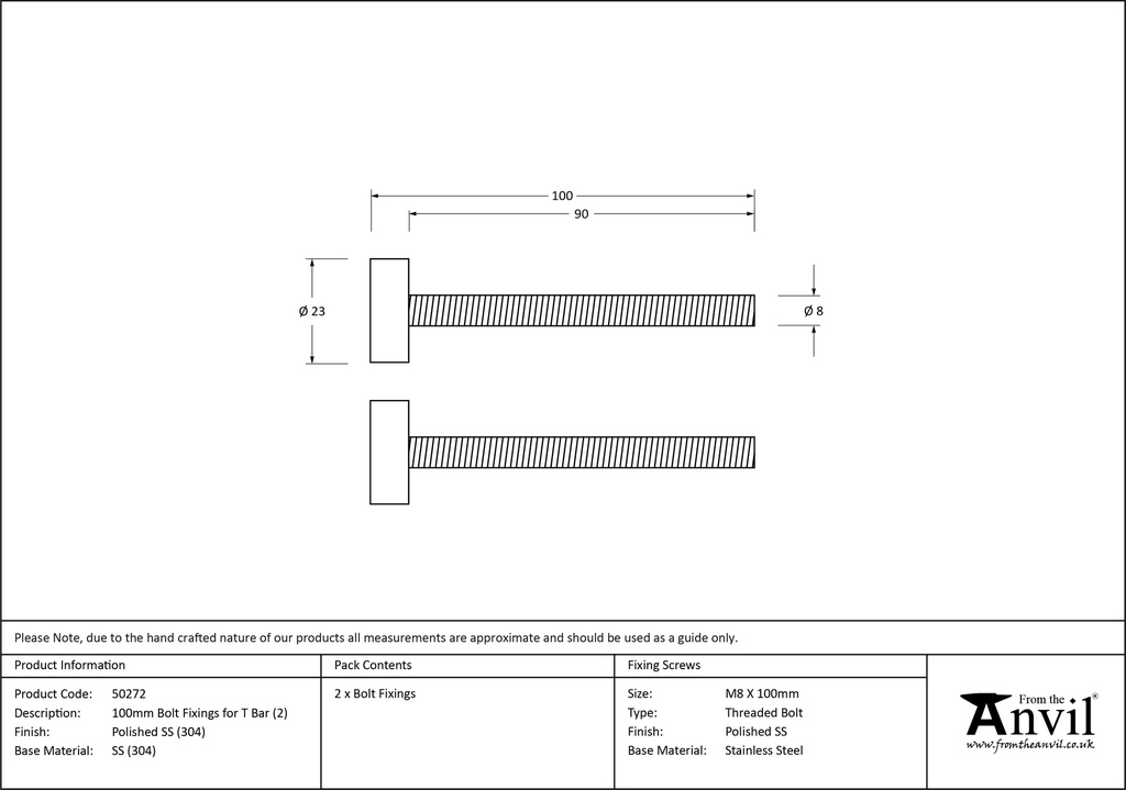 Polished SS (304) 100mm Bolt Fixings for T Bar (2) - 50272 - Technical Drawing