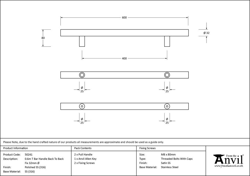 Polished SS (316) 0.6m T Bar Handle B2B Fix 32mm Ø - 50241 - Technical Drawing