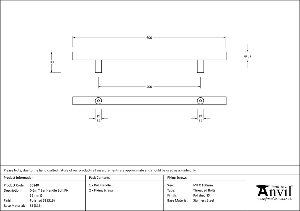 Polished SS (316) 0.6m T Bar Handle Bolt Fix 32mm Ø - 50240 - Technical Drawing