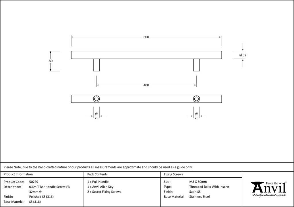 Polished SS (316) 0.6m T Bar Handle Secret Fix 32mm Ø - 50239 - Technical Drawing