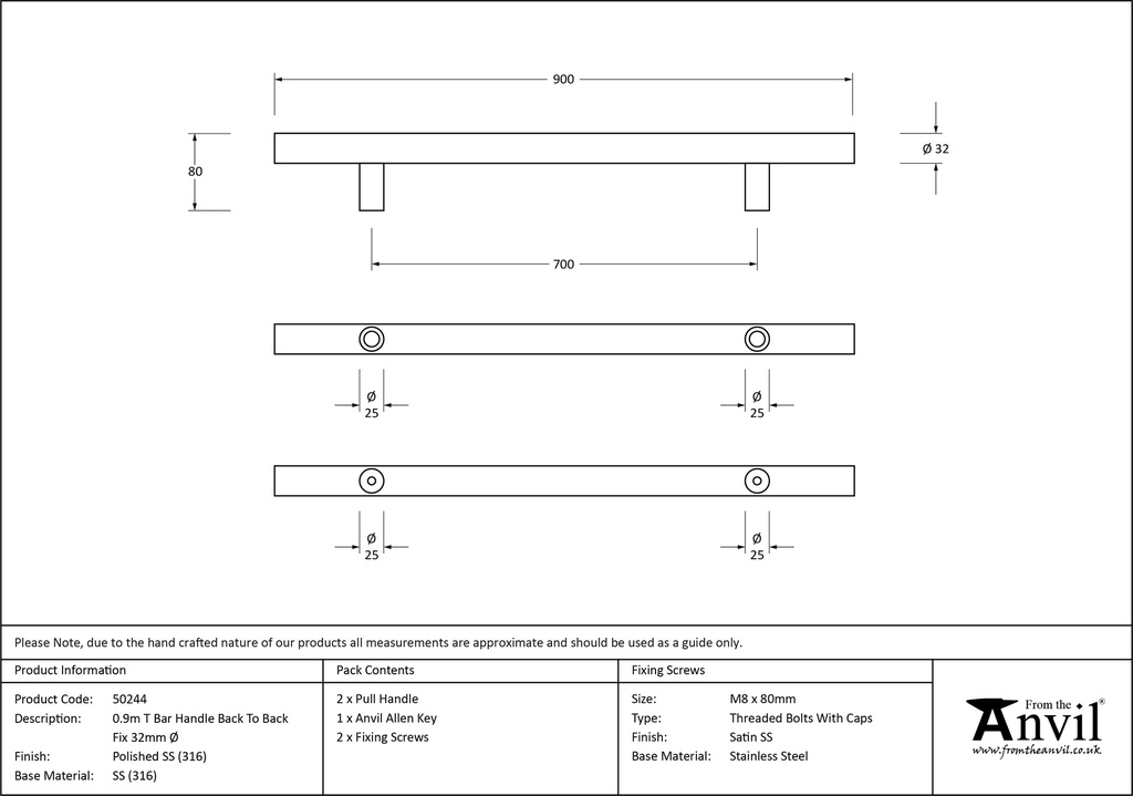 Polished SS (316) 0.9m T Bar Handle B2B Fix 32mm Ø - 50244 - Technical Drawing