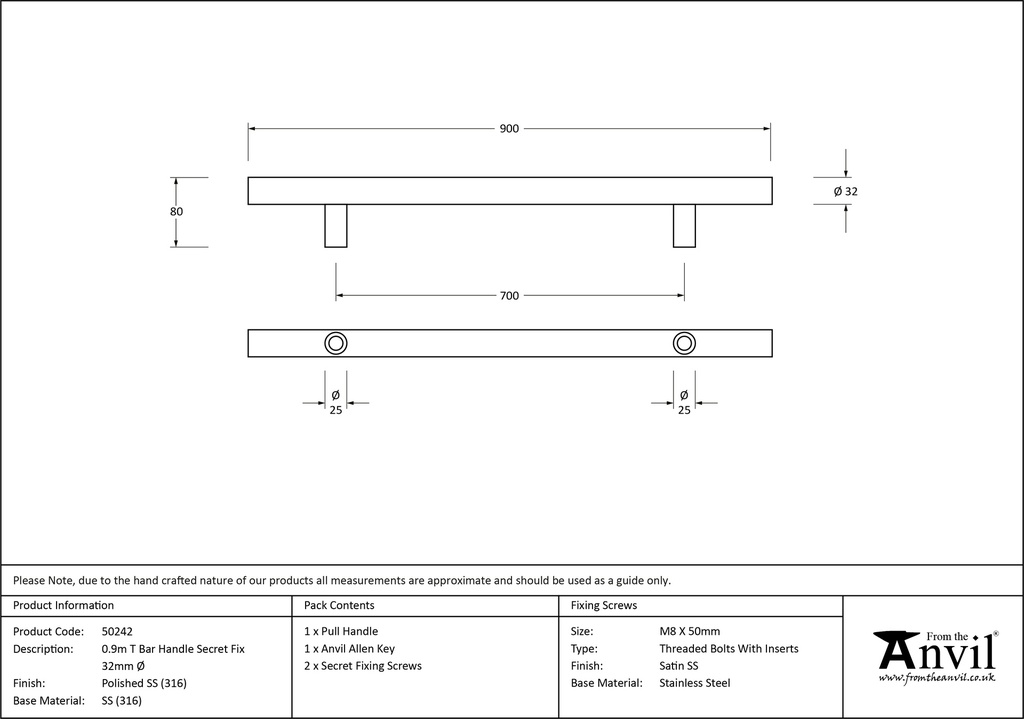 Polished SS (316) 0.9m T Bar Handle Secret Fix 32mm Ø - 50242 - Technical Drawing