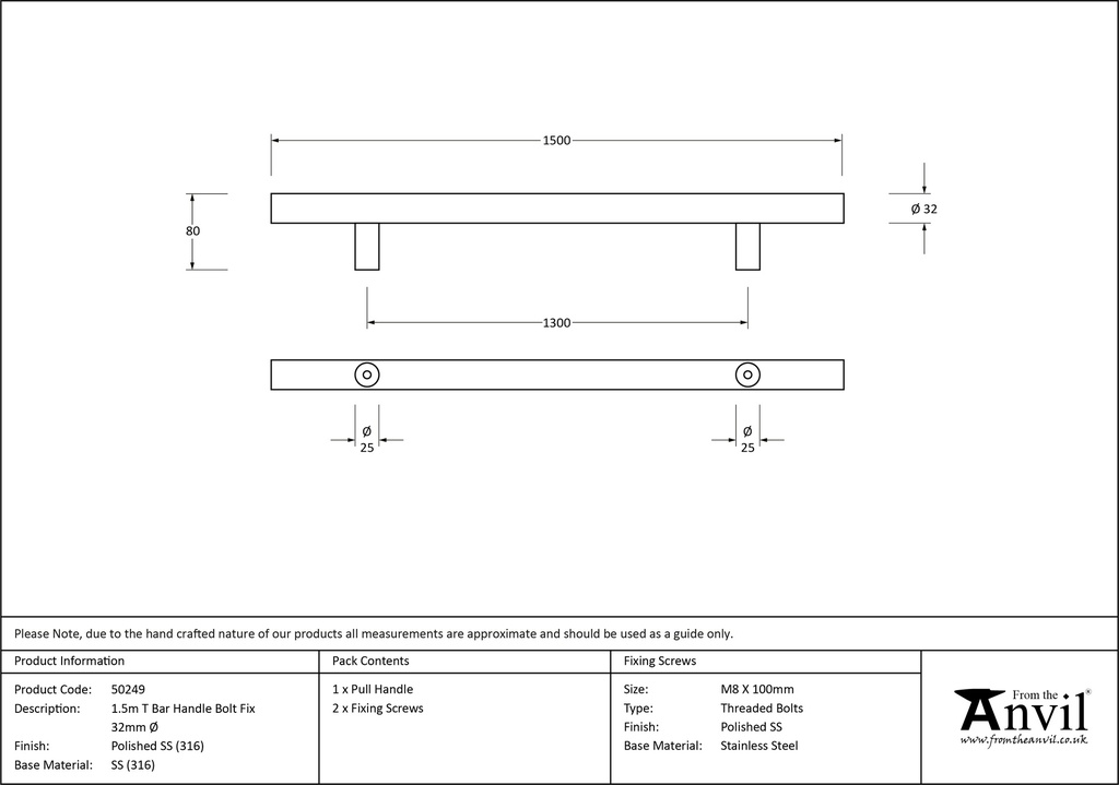 Polished SS (316) 1.5m T Bar Handle Bolt Fix 32mm Ø - 50249 - Technical Drawing