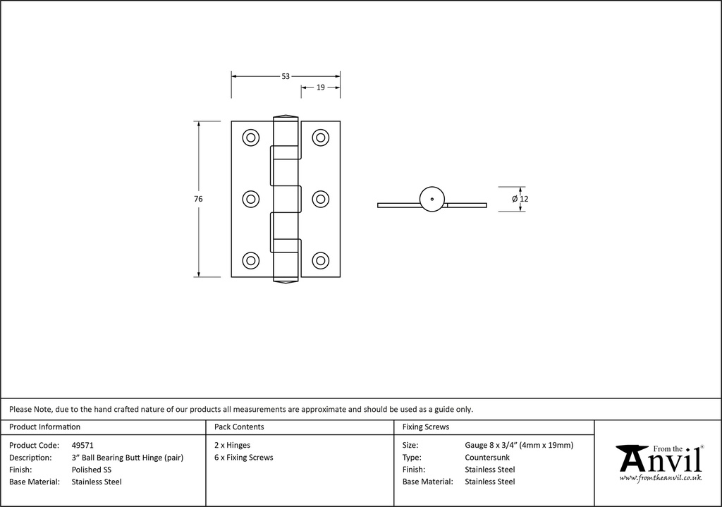 Polished SS 3&quot; Ball Bearing Butt Hinge (pair) - 49571 - Technical Drawing