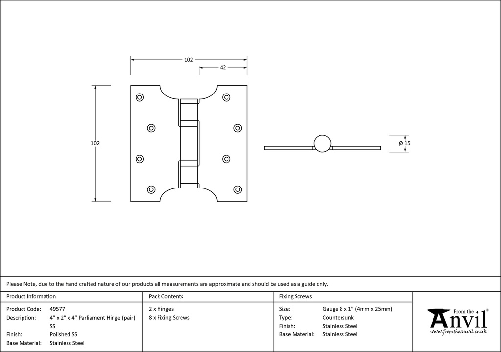 Polished SS 4&quot; x 2&quot; x 4&quot;  Parliament Hinge (pair) - 49577 - Technical Drawing