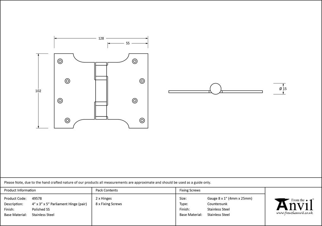 Polished SS 4&quot; x 3&quot; x 5&quot;  Parliament Hinge (pair) - 49578 - Technical Drawing