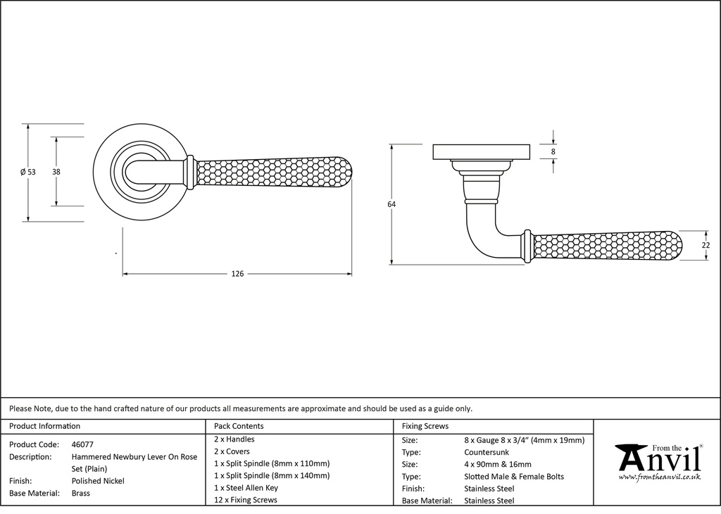 Pol. Nickel Hammered Newbury Lever on Rose Set (Plain) - 46077 - Technical Drawing