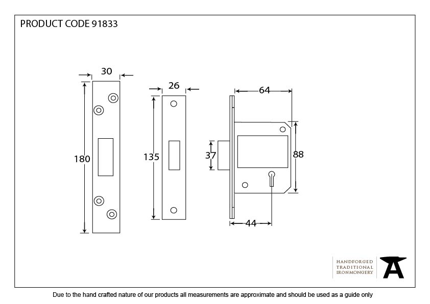 PVD 2½&quot; 5 Lever BS Deadlock KA - 91833 - Technical Drawing
