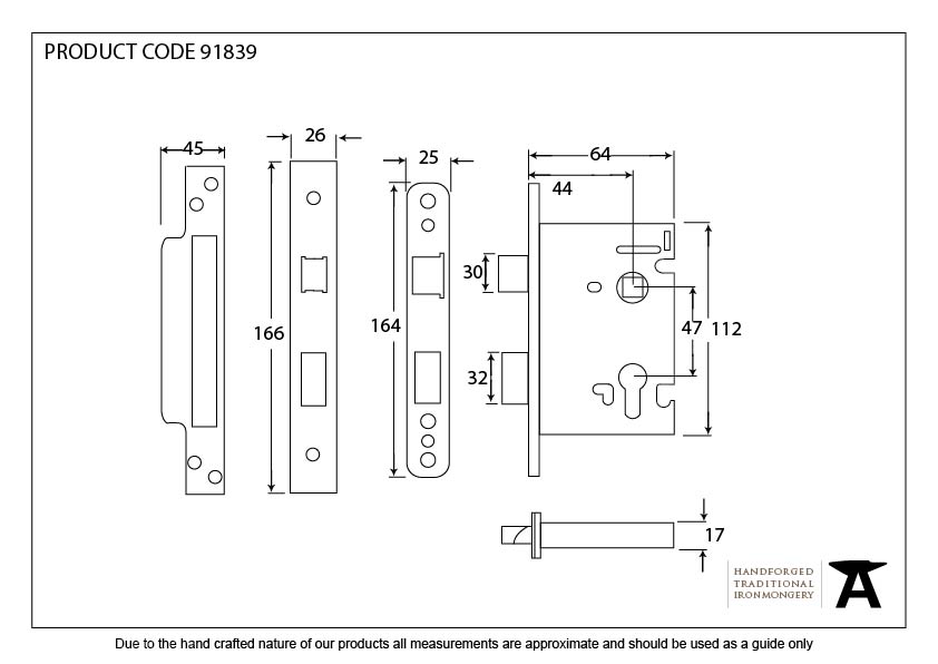 PVD 2½&quot; Euro Profile Sash Lock - 91839 - Technical Drawing