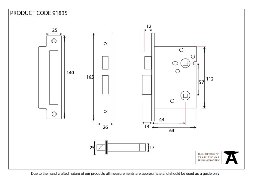 PVD 2 1/2&quot; Heavy Duty Bathroom Mortice Lock - 91835 - Technical Drawing