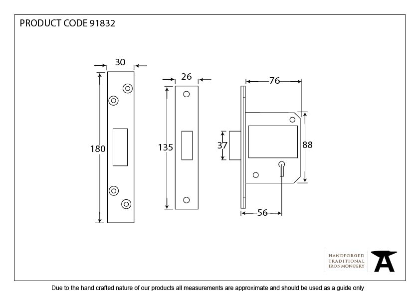 PVD 3" 5 Lever BS Deadlock - 91832 - Technical Drawing