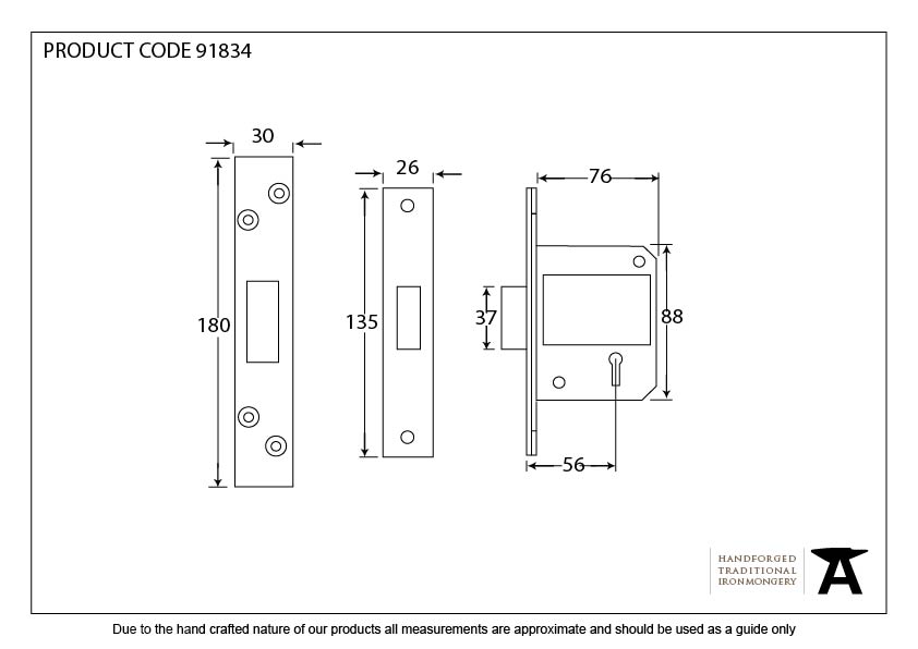 PVD 3&quot; 5 Lever BS Deadlock KA - 91834 - Technical Drawing