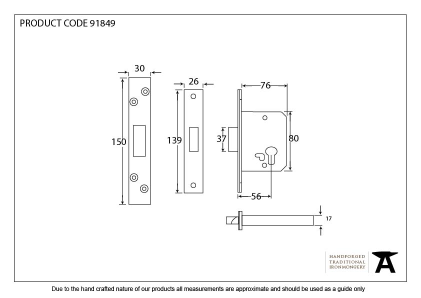 PVD 3&quot; Euro Profile Dead Lock - 91849 - Technical Drawing