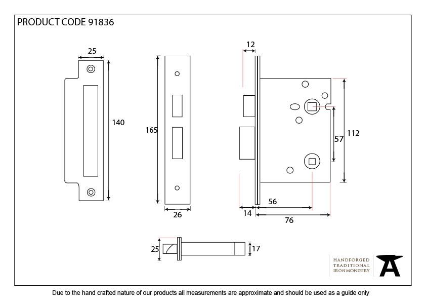 PVD 3" Heavy Duty Bathroom Mortice Lock - 91836 - Technical Drawing
