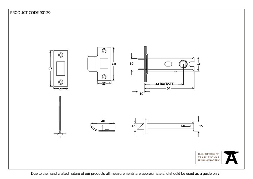 PVD Brass 2½&quot; Heavy Duty Latch - 90129 - Technical Drawing