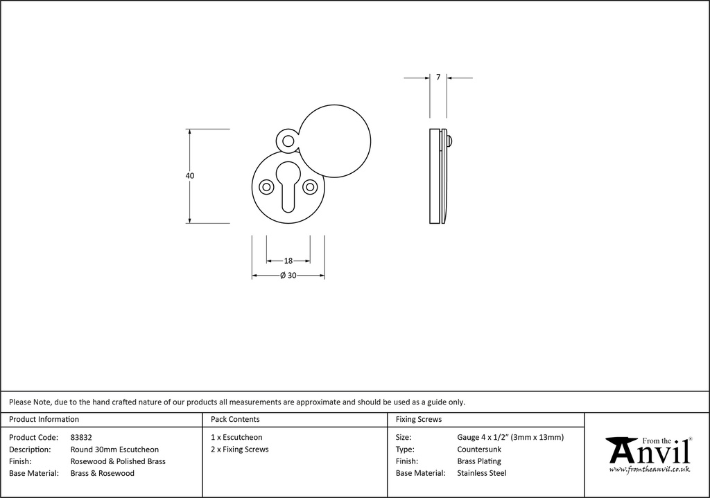 Rosewood 30mm Round Escutcheon - 83832 - Technical Drawing