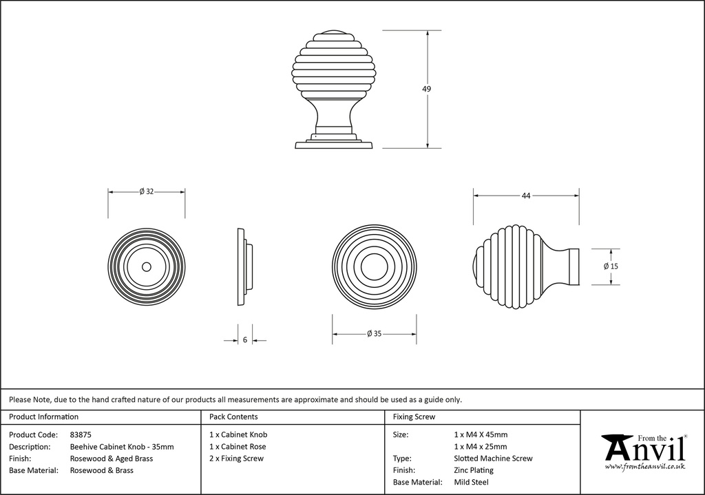 Rosewood and AB Beehive Cabinet Knob 35mm - 83875 - Technical Drawing