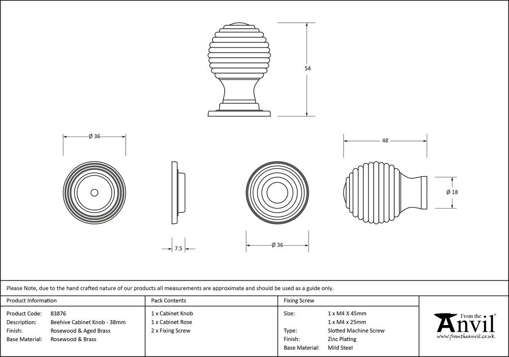 Rosewood and AB Beehive Cabinet Knob 38mm - 83876 - Technical Drawing