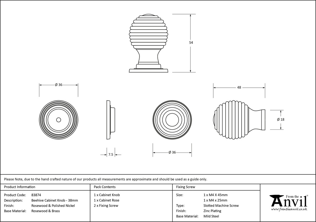 Rosewood and PN Beehive Cabinet Knob 38mm - 83874 - Technical Drawing