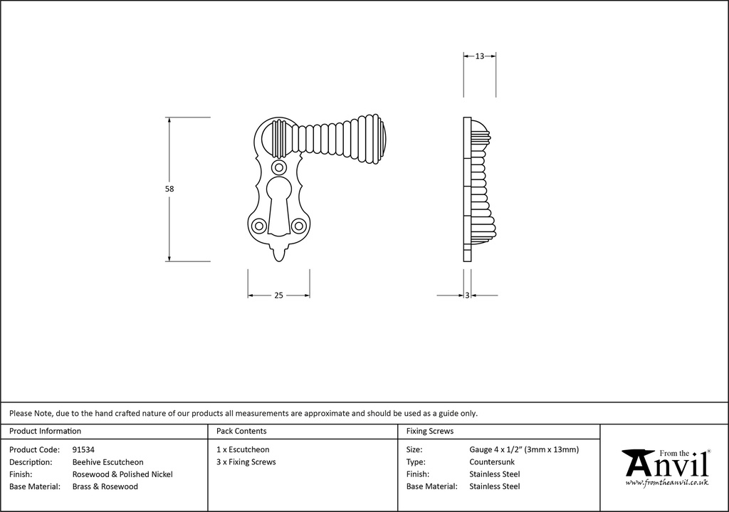 Rosewood &amp; Polished Nickel Beehive Escutcheon - 91534 - Technical Drawing