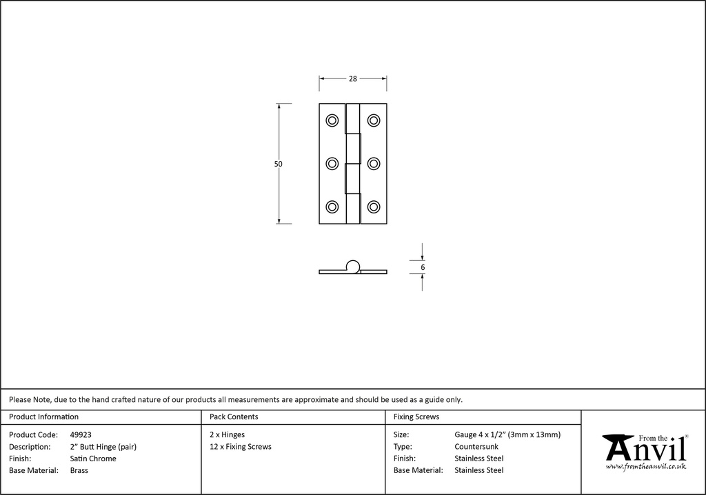 Satin Chrome 2&quot; Butt Hinge (pair) - 49923 - Technical Drawing