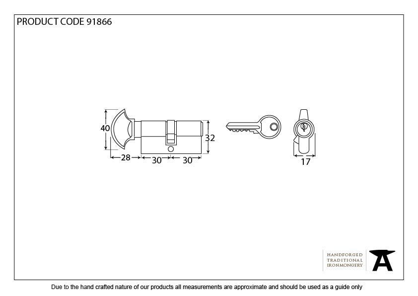 Satin Chrome 30/30 Euro Cylinder/Thumbturn - 91866 - Technical Drawing