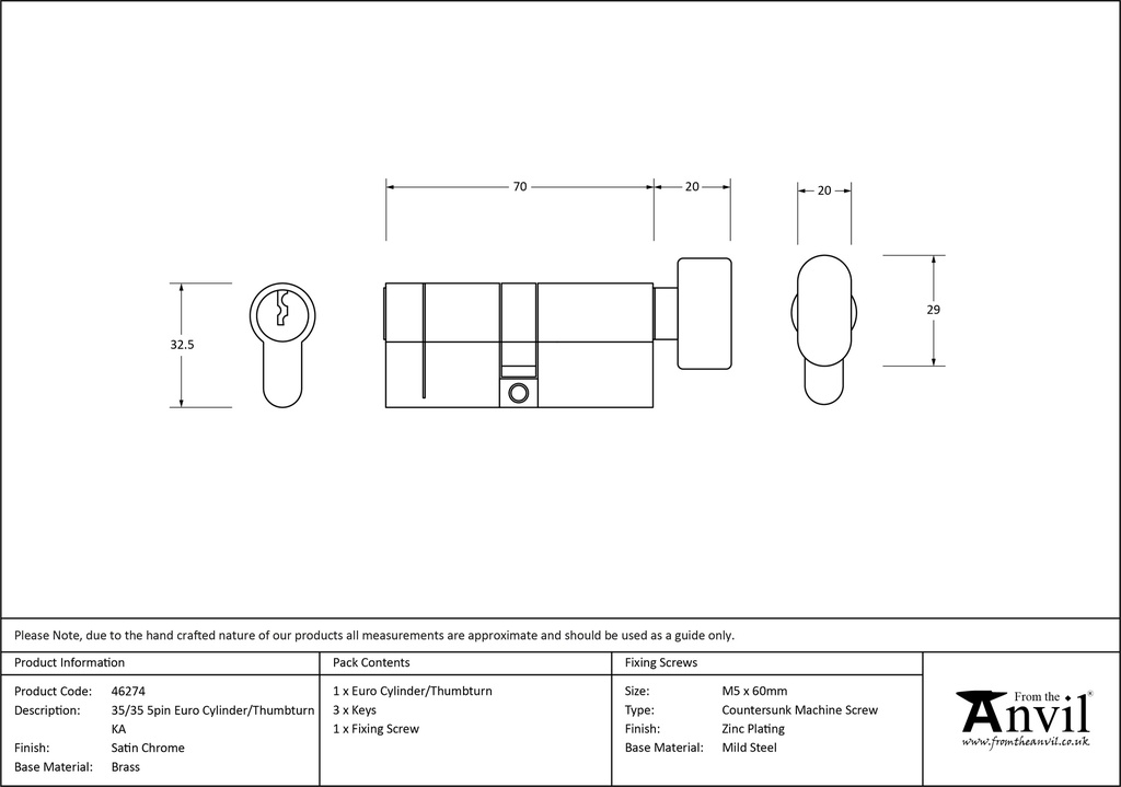 Satin Chrome 35/35 5pin Euro Cylinder/Thumbturn KA - 46274 - Technical Drawing