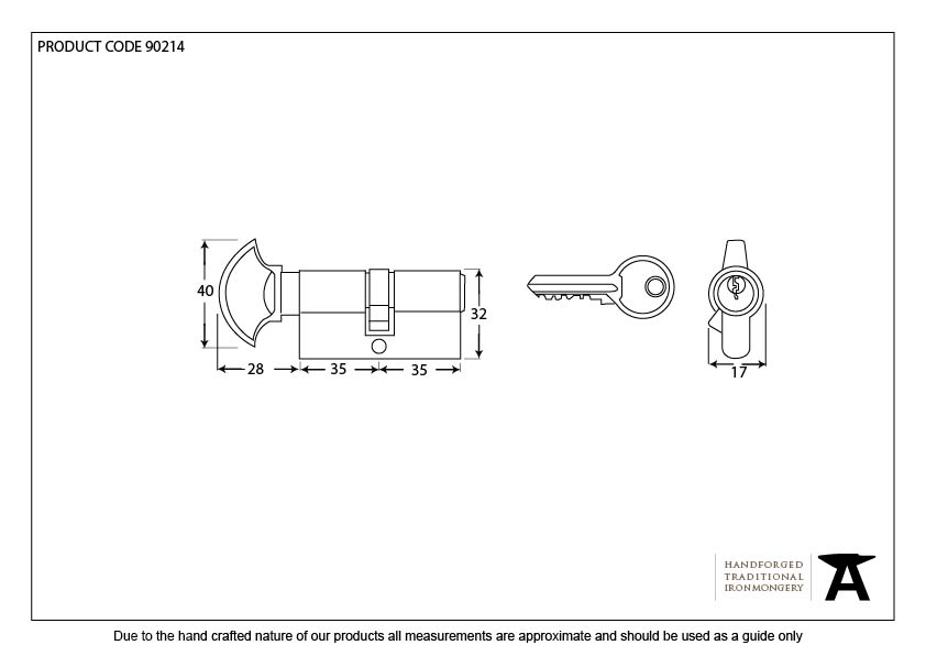 Satin Chrome 35/35 Euro Cylinder/Thumbturn - 90214 - Technical Drawing