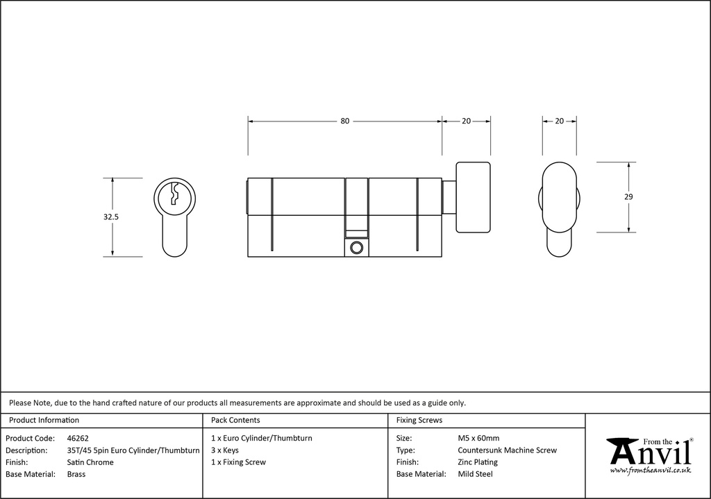 Satin Chrome 35T/45 5pin Euro Cylinder/Thumbturn - 46262 - Technical Drawing