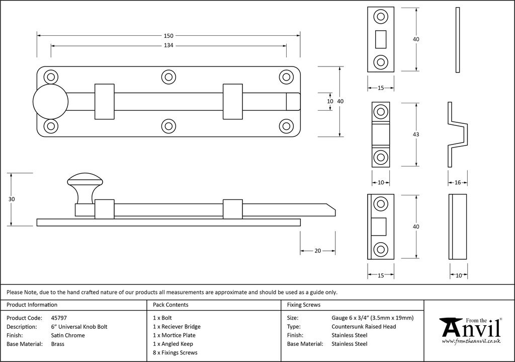 Satin Chrome 6&quot; Universal Bolt - 45797 - Technical Drawing