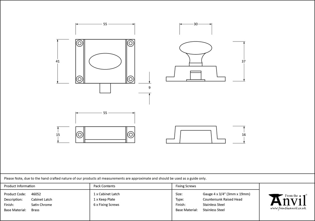 Satin Chrome Cabinet Latch - 46052 - Technical Drawing