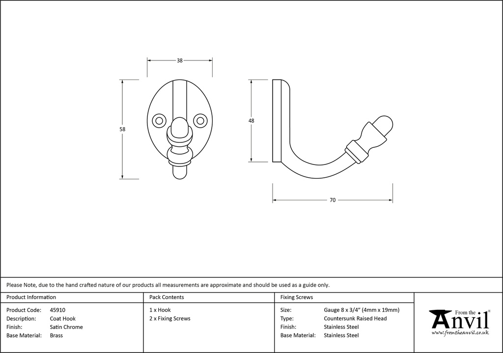 Satin Chrome Coat Hook - 45910 - Technical Drawing