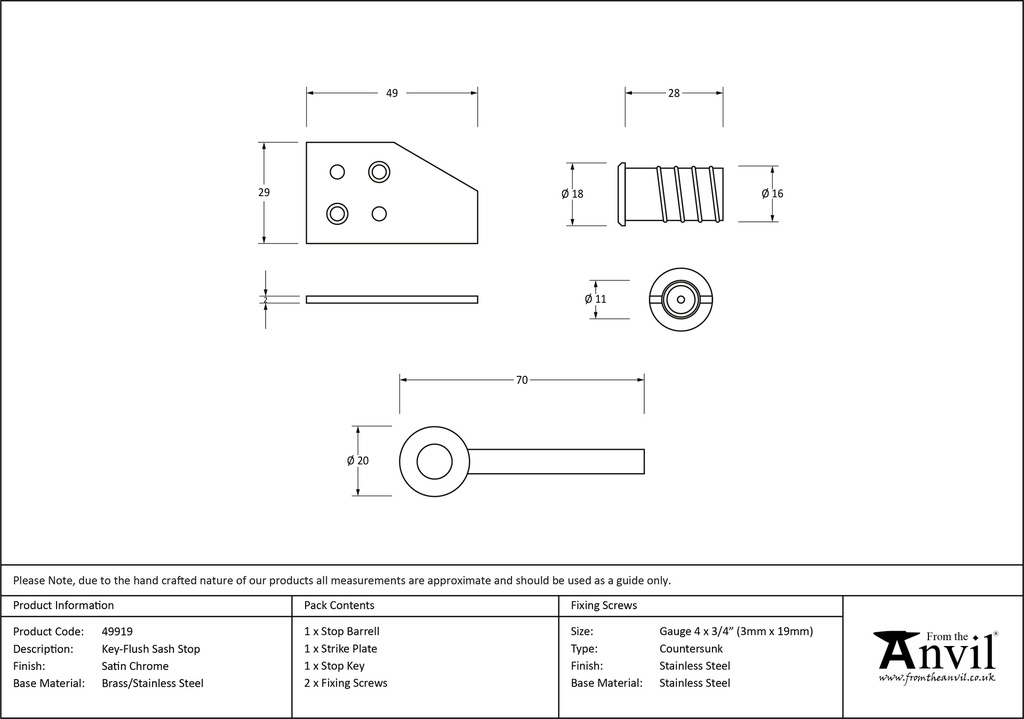 Satin Chrome Key-Flush Sash Stop - 49919 - Technical Drawing