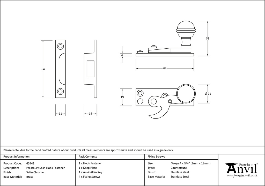 Satin Chrome Prestbury Sash Hook Fastener - 45941 - Technical Drawing