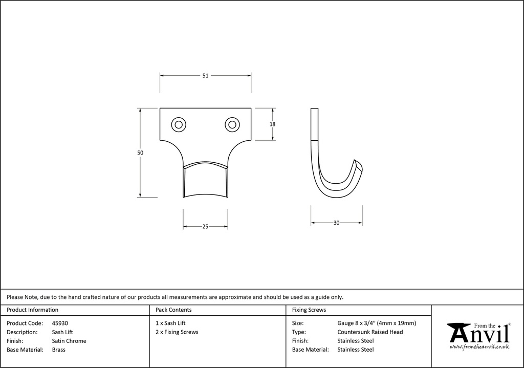 Satin Chrome Sash Lift - 45930 - Technical Drawing