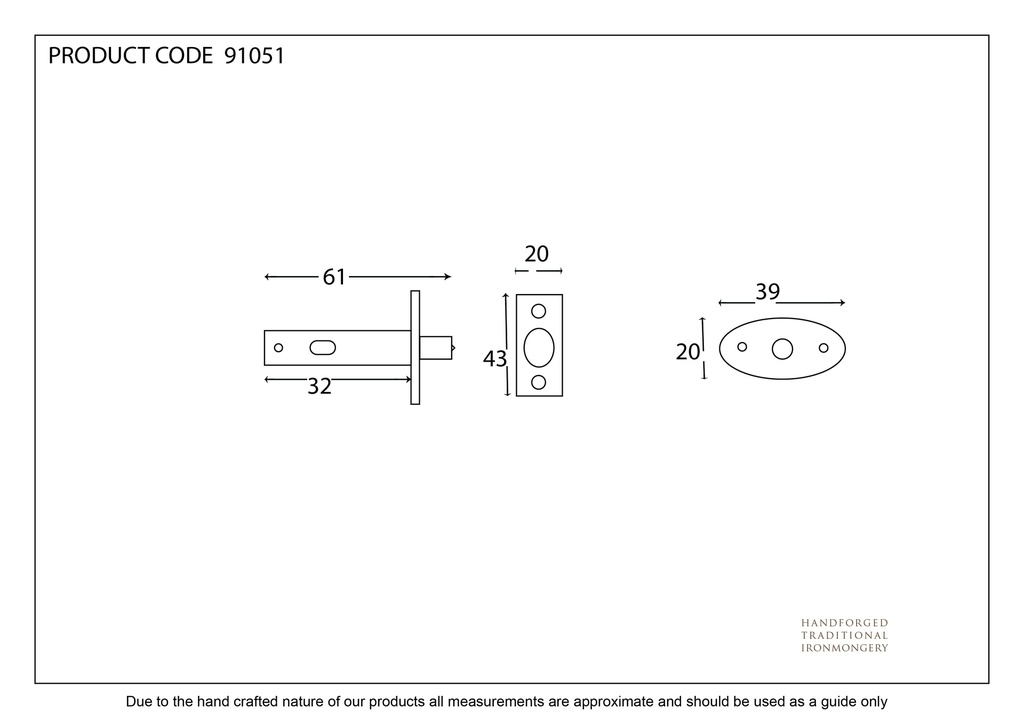 Satin Chrome Security Door Bolt - 91051 - Technical Drawing