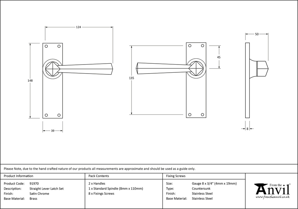 Satin Chrome Straight Lever Latch Set - 91970 - Technical Drawing