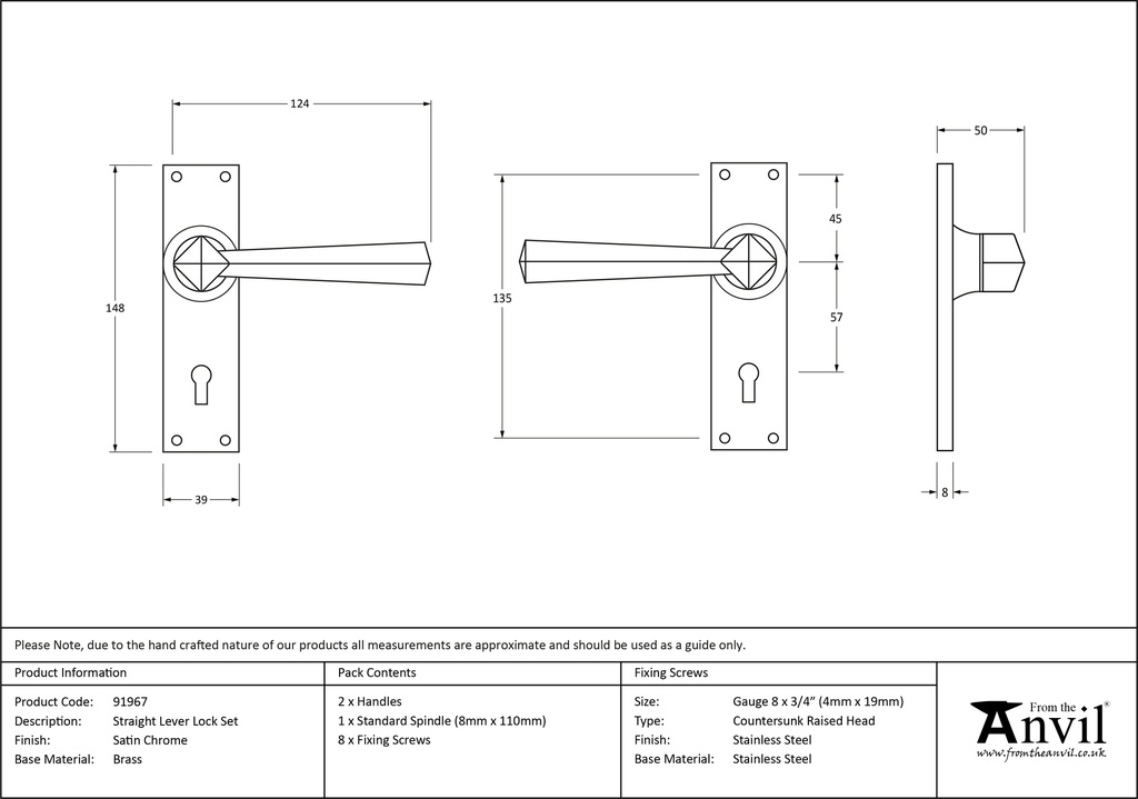 Satin Chrome Straight Lever Lock Set - 91967 - Technical Drawing