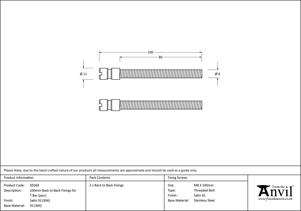 Satin SS (304) 100mm Back to Back Fixings for T Bar (2) - 50269 - Technical Drawing