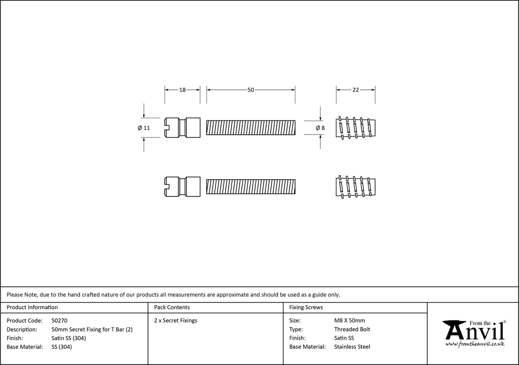 Satin SS (304) 50mm Secret Fixings for T Bar (2) - 50270 - Technical Drawing