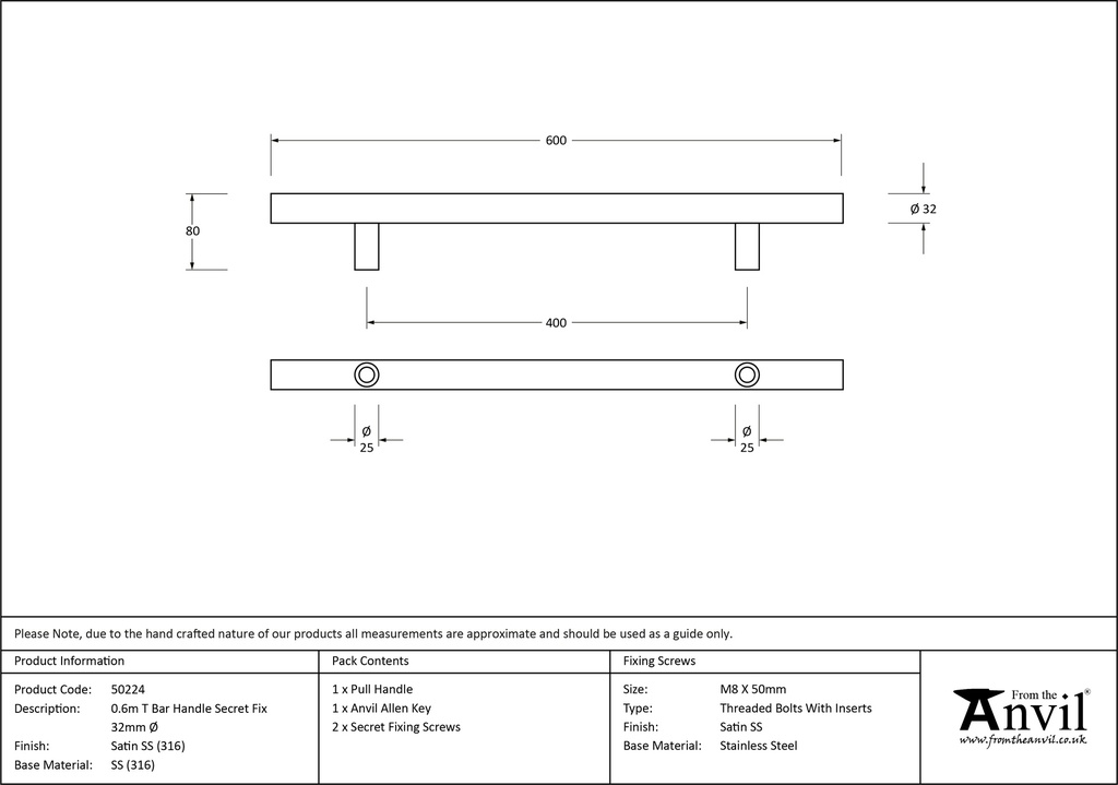 Satin SS (316) 0.6m T Bar Handle Secret Fix 32mm Ø - 50224 - Technical Drawing