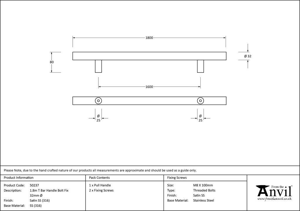 Satin SS (316) 1.8m T Bar Handle Bolt Fix 32mm Ø - 50237 - Technical Drawing