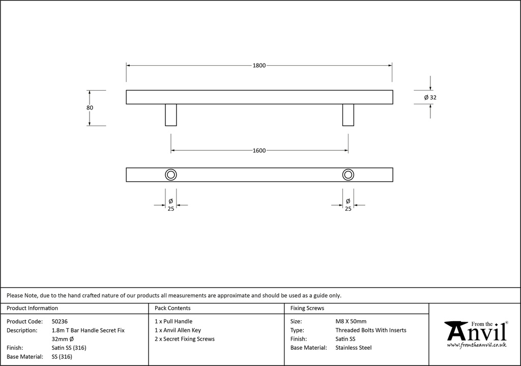 Satin SS (316) 1.8m T Bar Handle Secret Fix 32mm Ø - 50236 - Technical Drawing