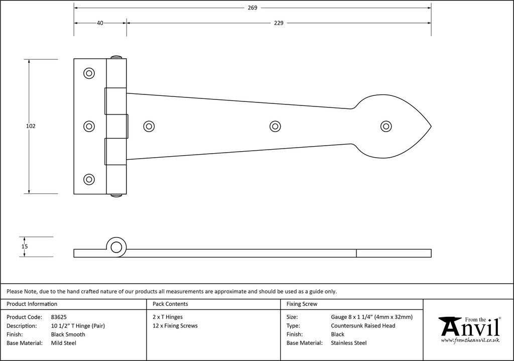 Black Smooth 10½&quot; Cast T Hinge (pair) - 83625 - Technical Drawing