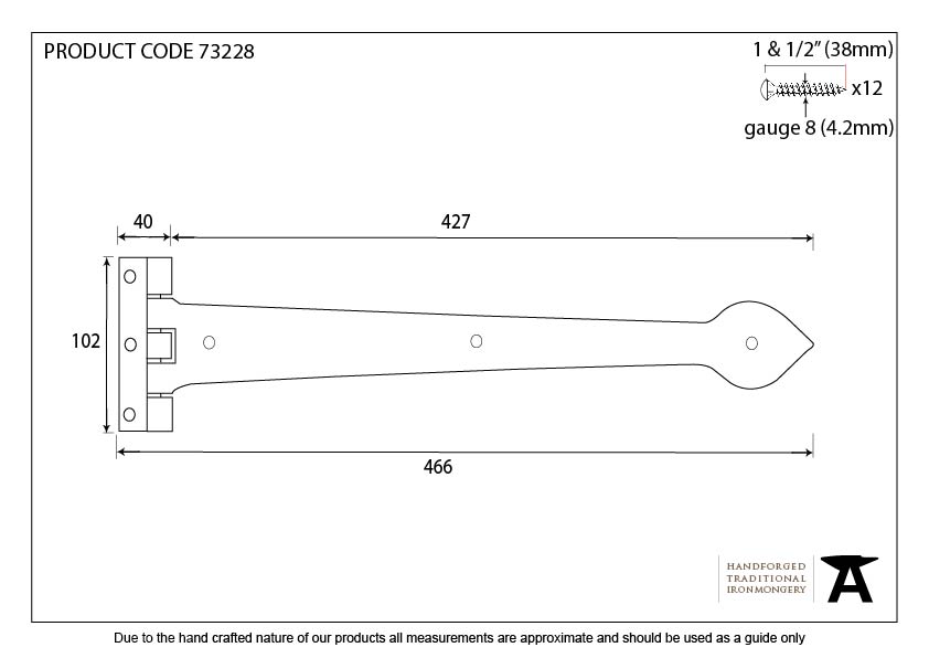 Black Smooth 18&quot; Cast T Hinge (pair) - 73228 - Technical Drawing