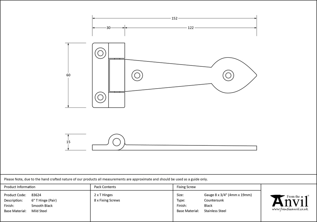 Black Smooth 6&quot; Cast T Hinge (pair) - 83624 - Technical Drawing