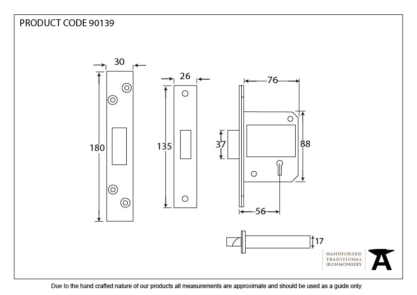 SS 3&quot; 5 Lever BS Deadlock - 90139 - Technical Drawing