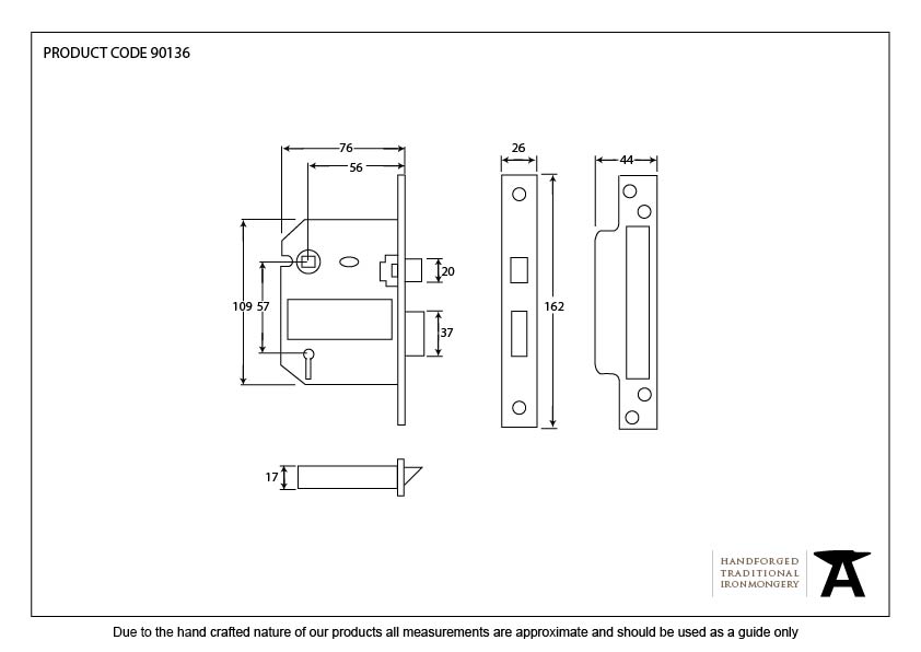 SS 3&quot; 5 Lever BS Sashlock - 90136 - Technical Drawing