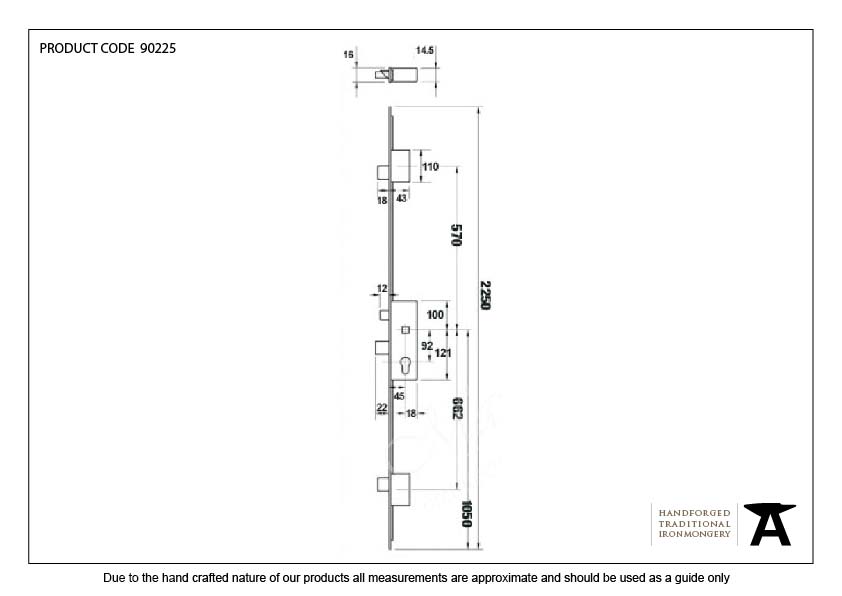 SS 45mm Backset linear 3 Point Door Lock - 90225 - Technical Drawing